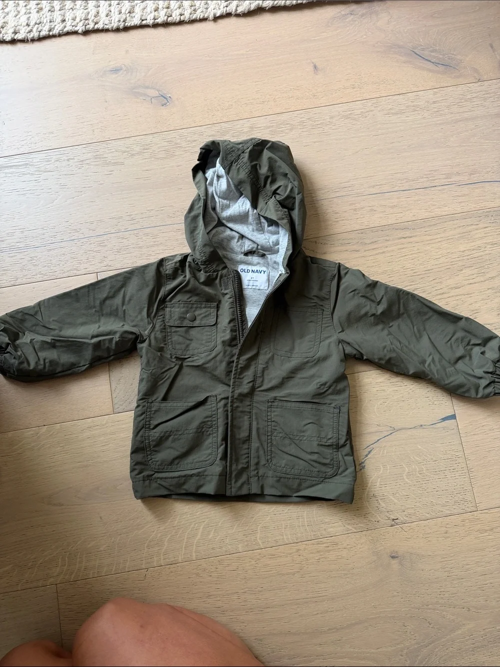 Old Navy Olive Hooded Kids Raincoat with Gray Lining